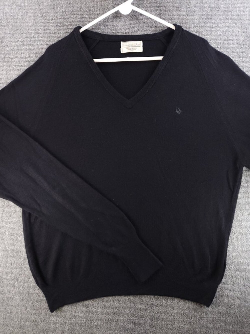VTG Christian Dior V-neck Sweater XL Black Embroidered Acrylic USA Made Knit